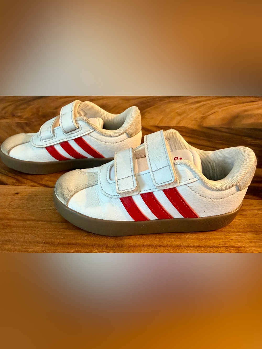 adidas White Kids Sneakers with Red Stripes and Velcro Straps